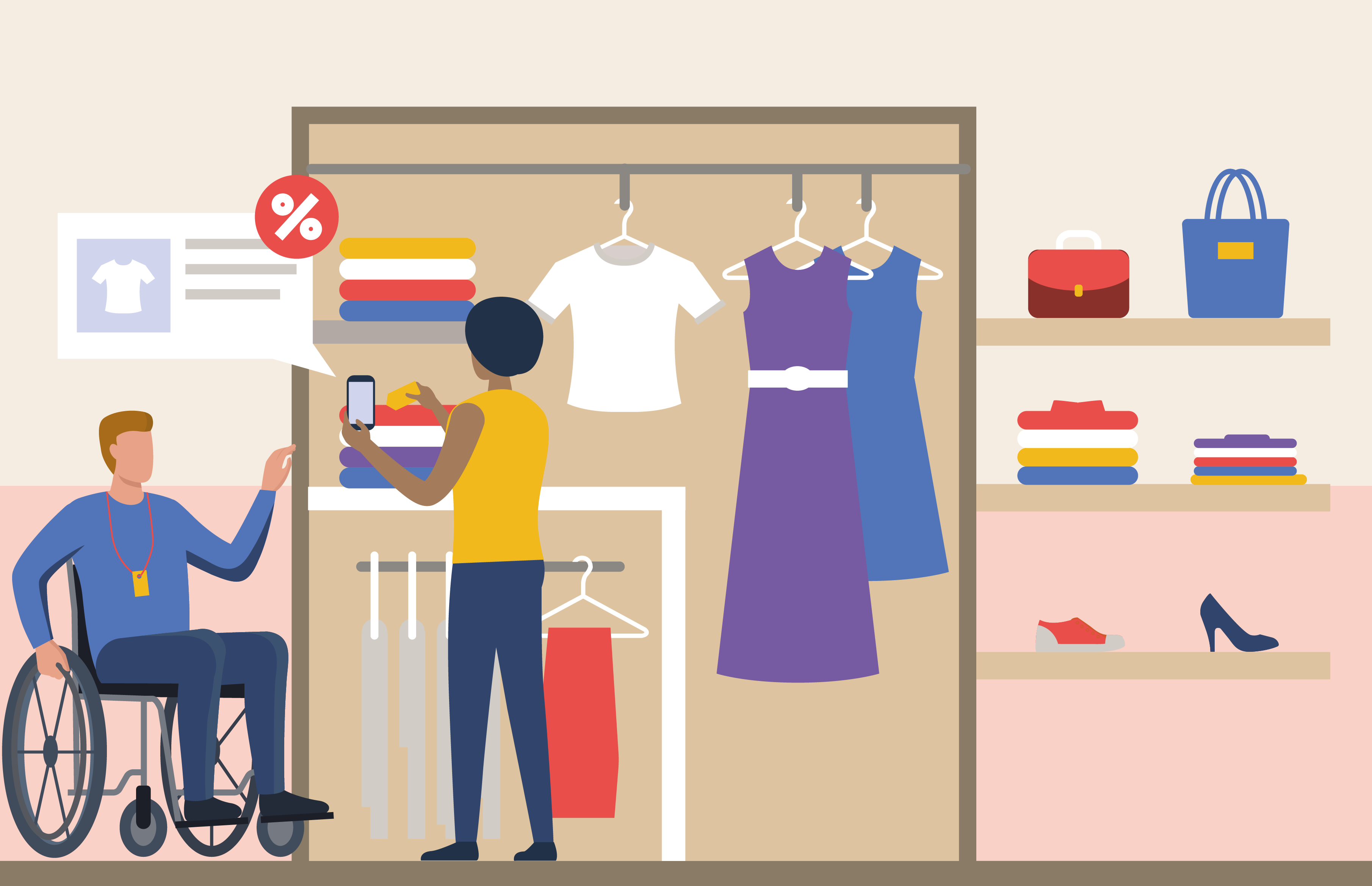 Illustration showing customer holding phone up to clothes in fashion store